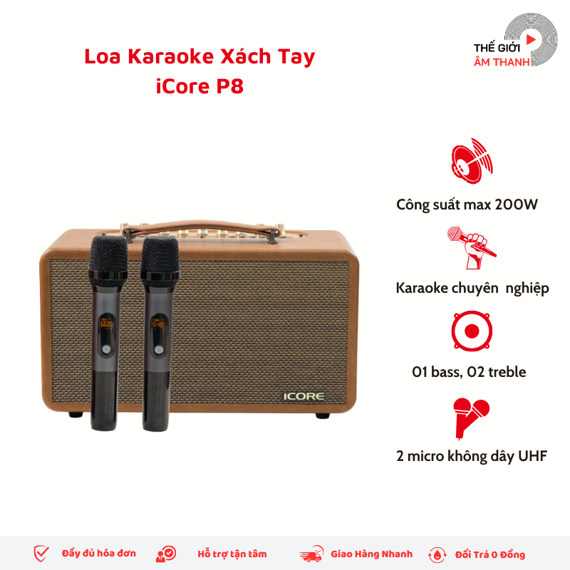 Loa karaoke xách tay iCore P8 kèm 2 micro không dây - Công suất lên đến 200W - Loa karaoke di dộng -