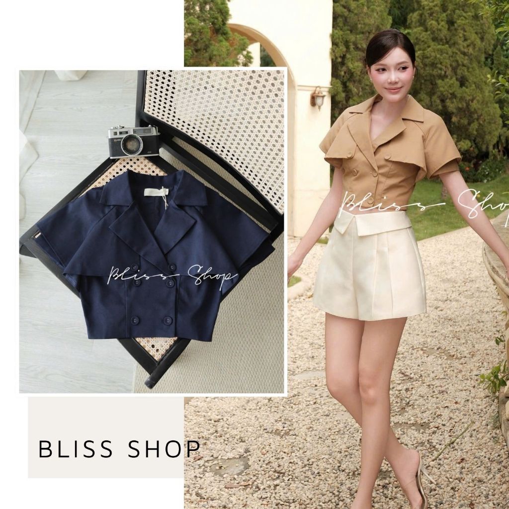 [Thiết Kế Cao Cấp] Áo Croptop Cổ Vest Điểm Nhấn Nút Đôi Thanh Lịch Hiện Đại Bliss Shop - A821