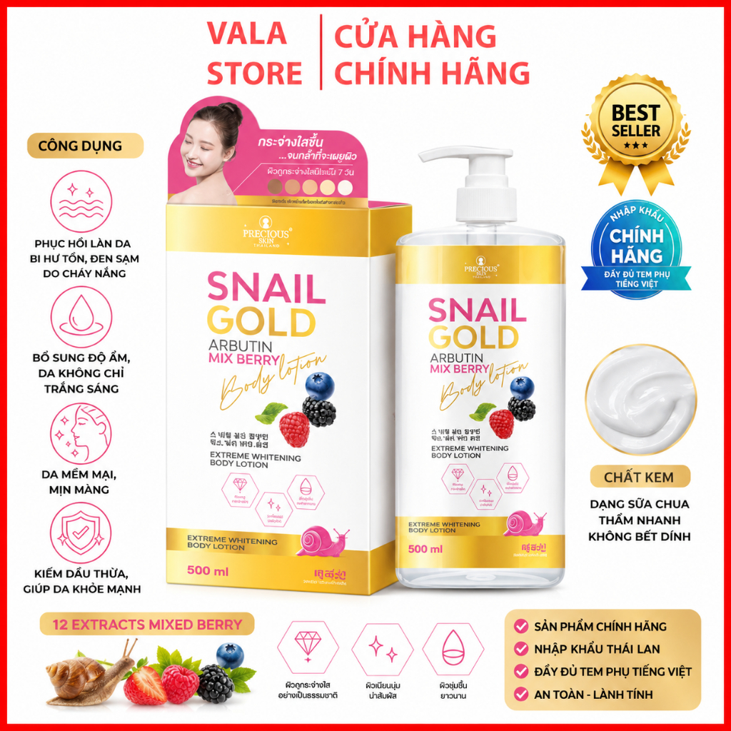 Sữa Dưỡng Trắng Da Body Snail Gold Arbutin Mix Berry Extreme Whtening Body lotion 500ml,Thái Lan