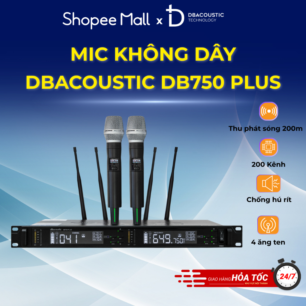 Mic không dây DBAcoustic DB750 Plus - Chống Hú rít - 4 ăng ten - Thu sóng xa 200m - BH12 tháng