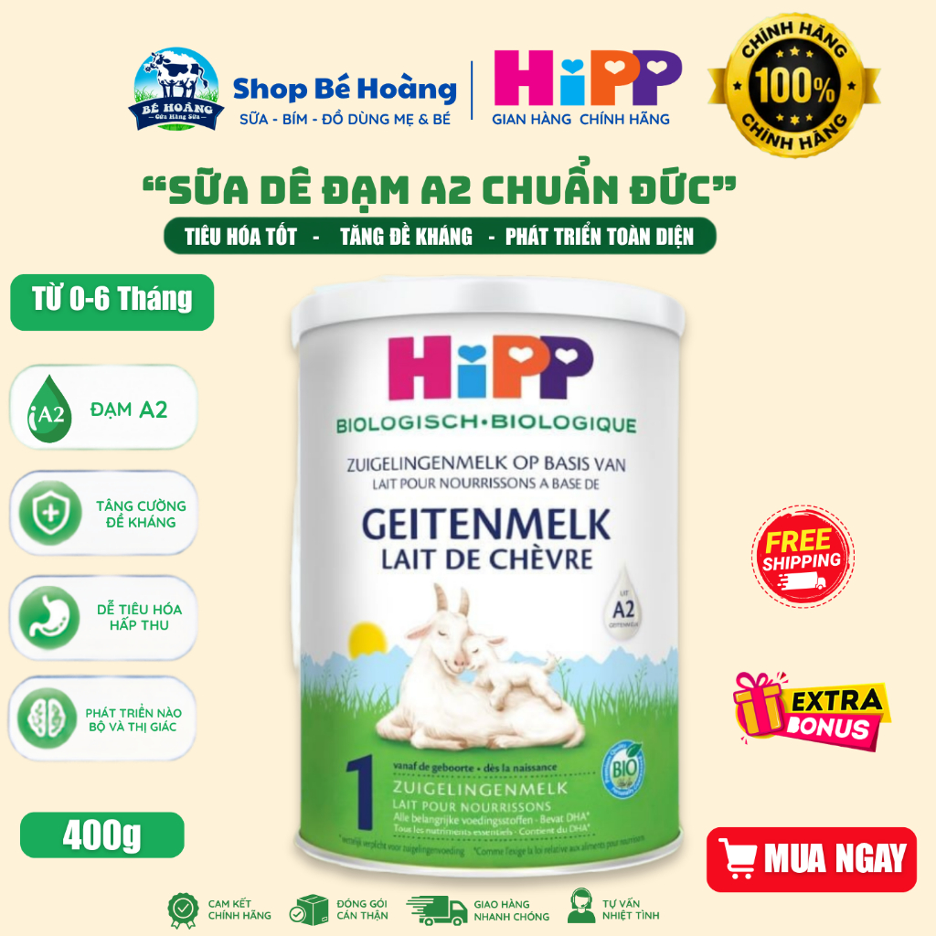 Sữa bột Hipp 1 Organic 400g (sữa dê) phát triển toàn diện , tiêu hóa cho bé từ 0-6 tháng