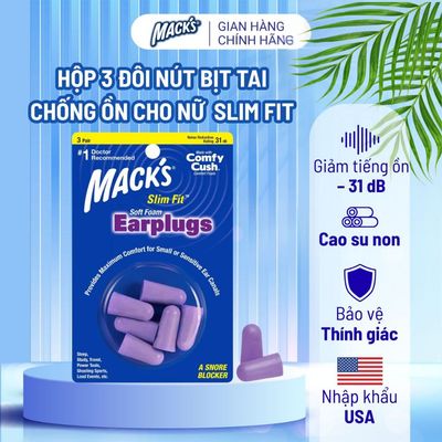 Hộp 3 đôi nút bịt tai MACK'S chống ồn danh cho Nữ Mack's Slim Fit cao su non mềm mại, tiếng ồn 31dB