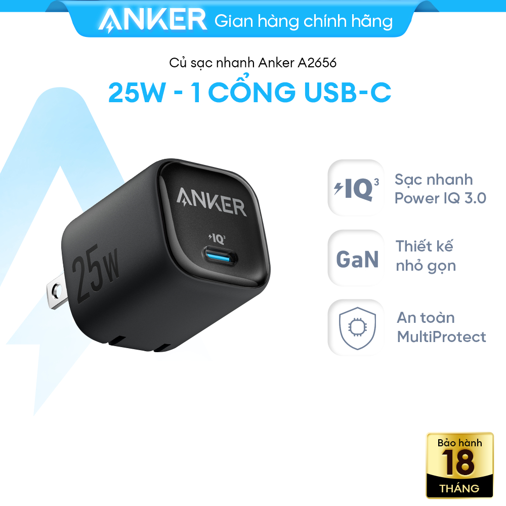 Củ sạc nhanh PPS Anker 25W chân gập nhỏ gọn hỗ trợ sạc nhanh | 1 cổng USB Type-C - A2656