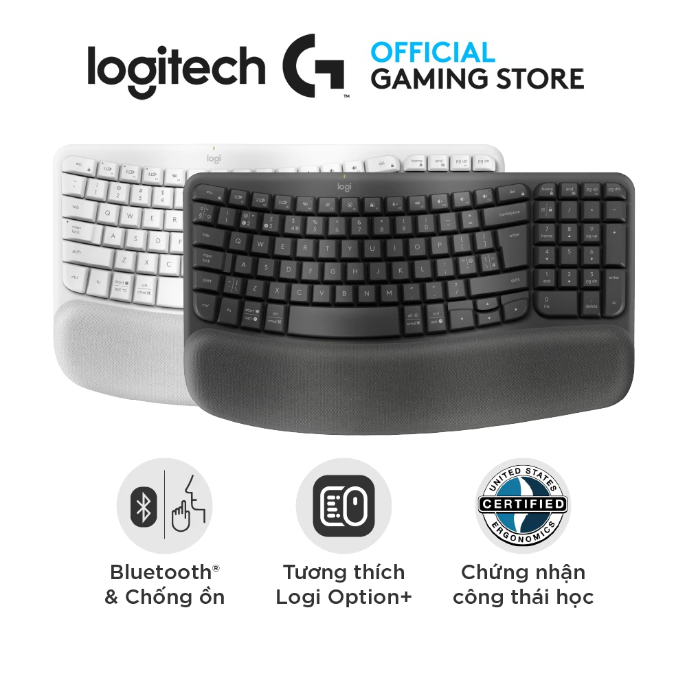 Logitech Wave Keys Ergonomic Wireless Bluetooth Keyboard - Customizable Keys, Cushioned Palm Rest