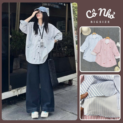 Áo Sơ Mi Bigsize Nữ Somi Kẻ Sọc Tay Dài In Nơ Dễ Thương Cá Tính Form Rộng Cho Chubby SM181
