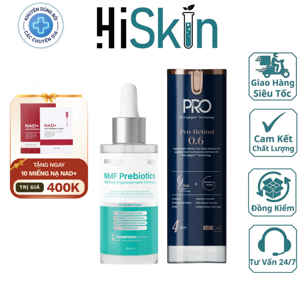 Combo phục hồi gồm Serum NMF Prebiotics MD Care 30ml, PRO-Retinol 0.6 MD Care 30ml - Hiskin