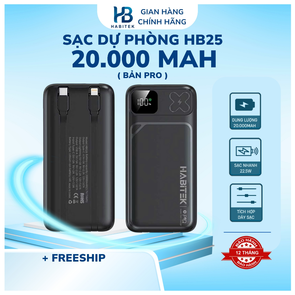 Pin Sạc Dự Phòng 20000mAh HABITEK HB25 Sạc Nhanh PD 22.5W Tích Hợp Sẵn 2 Cáp Sạc Tiện Lợi Cho iPhone Và Type C