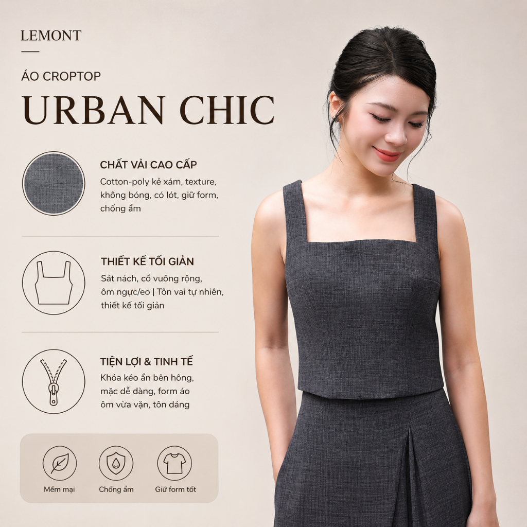 LEMONT ™ - Áo Croptop Nữ Urban Chic Cổ Vuông Bản Rộng, Tối Giản, Dễ Phối – A012