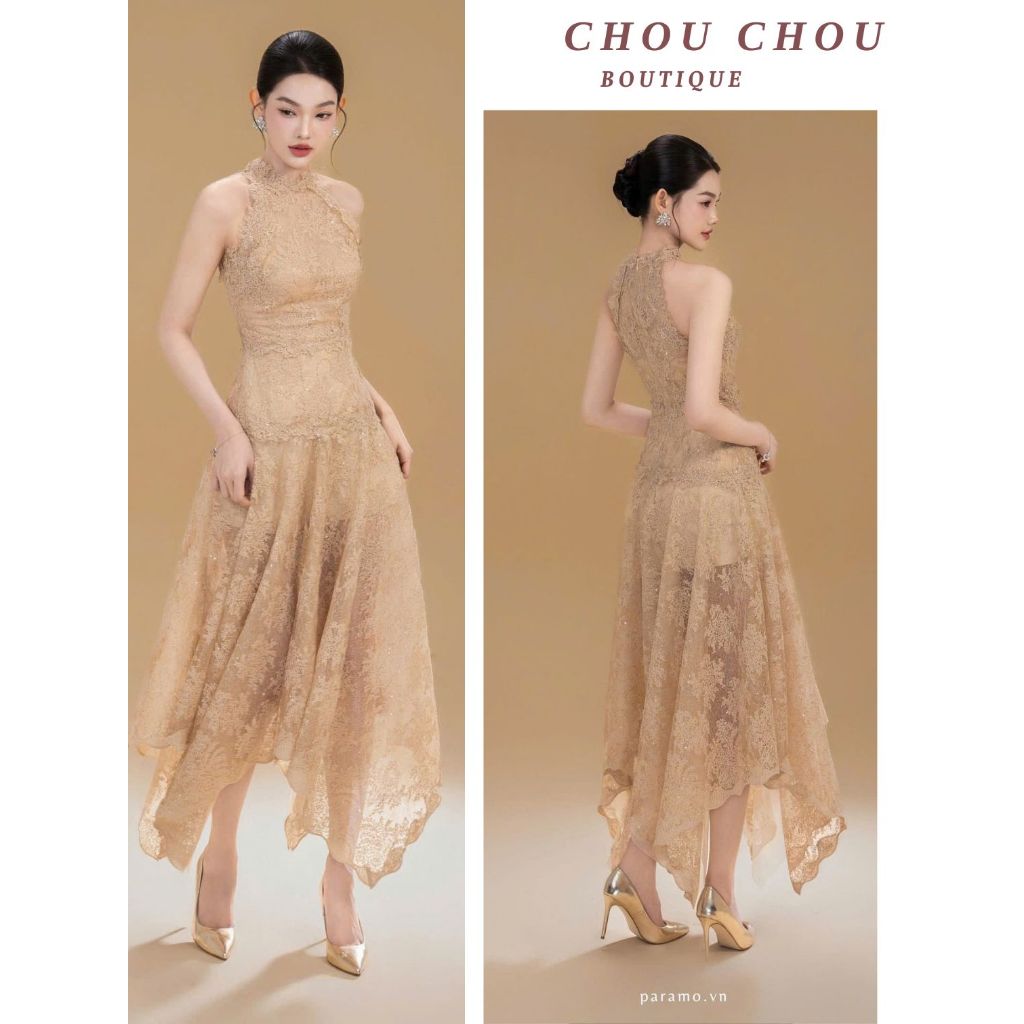 Đầm Ren Hoa Cổ Yếm Dáng Dài Chuẩn CHOUCHOU Dự Tiệc Thiết Kế