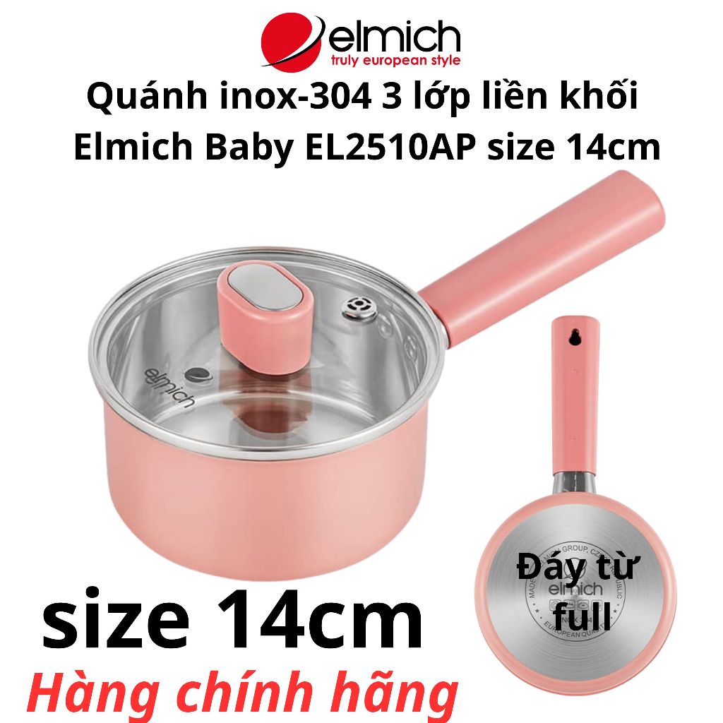 Quánh bột Baby Elmich inox 304 Quánh 3 lớp liền khối EL3848, EL2510AP cùng size 14cm, Quánh cạn EL38