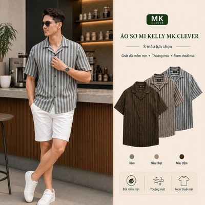 Áo Sơ Mi Cuban nam Kẻ sọc Kelly MK CLEVER Chất Đũi thô mềm mịn, thoáng mát, chống nhăn, form rộng hằng ngày