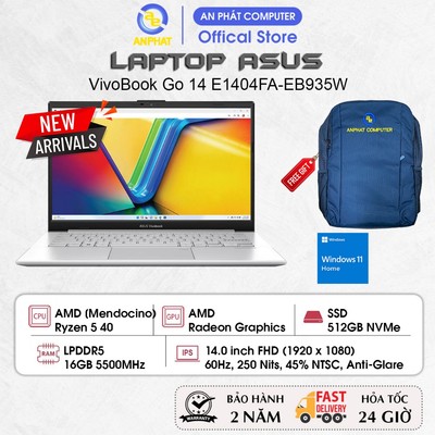 Laptop ASUS VivoBook Go 14 E1404FA-EB935W, Ryzen 5 40, 16GB RAM, 512GB SSD, 14.0 inch FHD, Win11