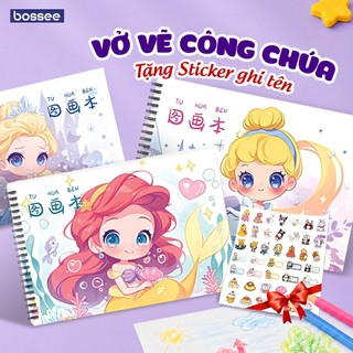 [Tặng Sticker] Vở Vẽ Lò Xo A4 60 Trang Bossee Hình Công Chúa Elsa, Sổ Tập Vẽ Tranh Tô Màu Cho Bé Gái Giấy Dày Không Lem