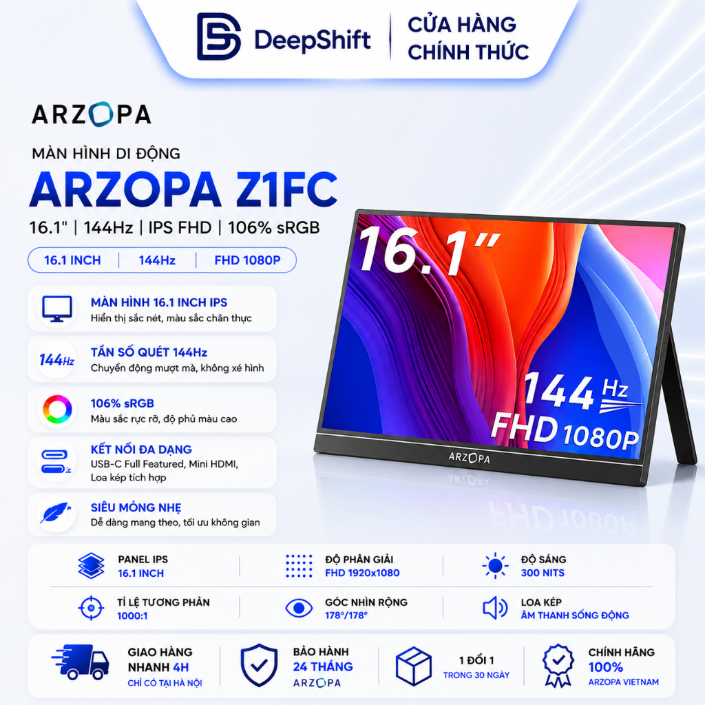Màn Hình Di Động ARZOPA Z1FC 16.1" 144Hz IPS FHD | 106% sRGB | USB-C HDMI | Chính Hãng | Hỏa Tốc