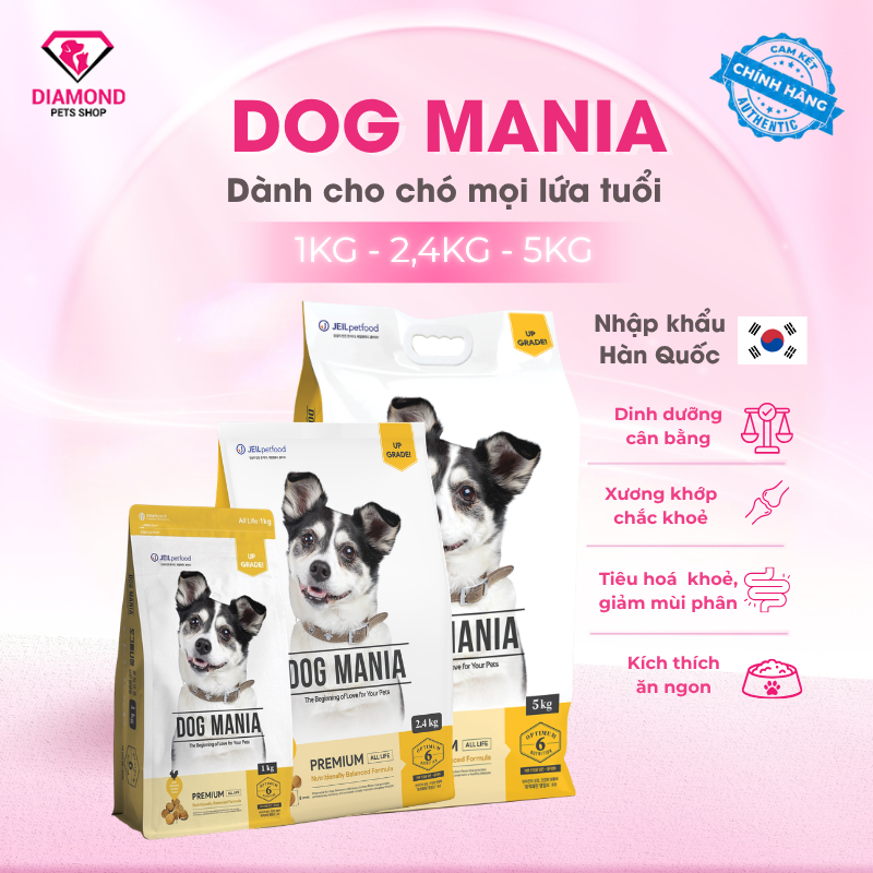 (Túi zip tiện lợi) THỨC ĂN HẠT CHO CHÓ MỌI LỨA TUỔI DOG MANIA PREMIUM (1KG, 2.4KG, 5KG)