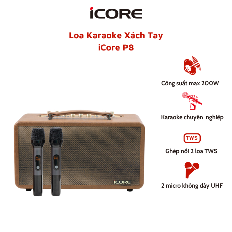 Loa karaoke xách tay iCore P8 kèm 2 micro không dây - Công suất lên đến 200W - Loa karaoke di dộng -