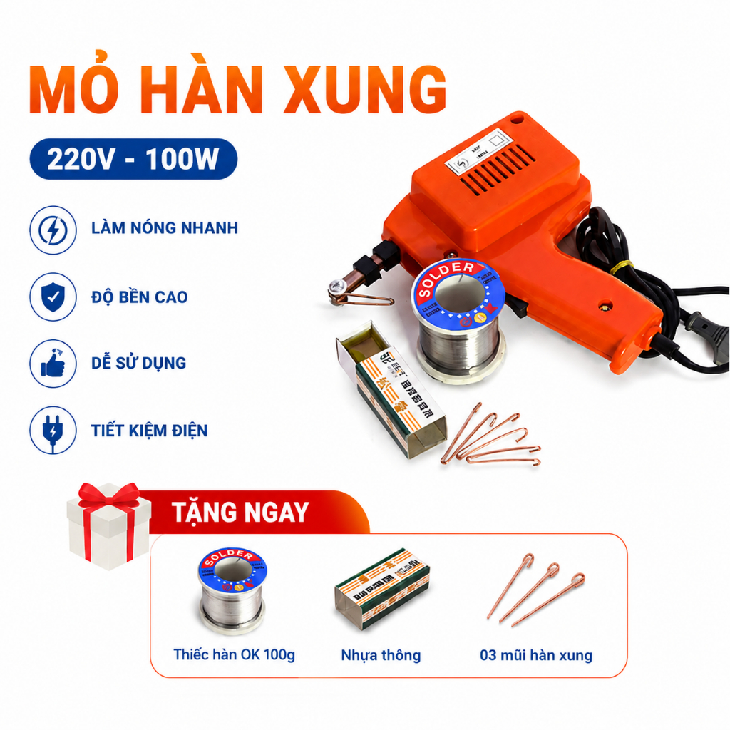 Mỏ Hàn Xung 100W 780G Loại Tốt Tặng 01 thiếc OK 100g, 01 hộp nhựa thông, 03 mũi hàn xung Bảo Hành 1 