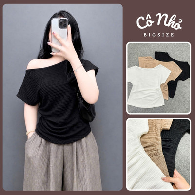 Áo Thun Lệch Vai Bigsize Nữ Tay Hến Mùa Hè Cá Tính Nhún Eo Che Bụng Chất Vải Xốp Nhật Chubby A267