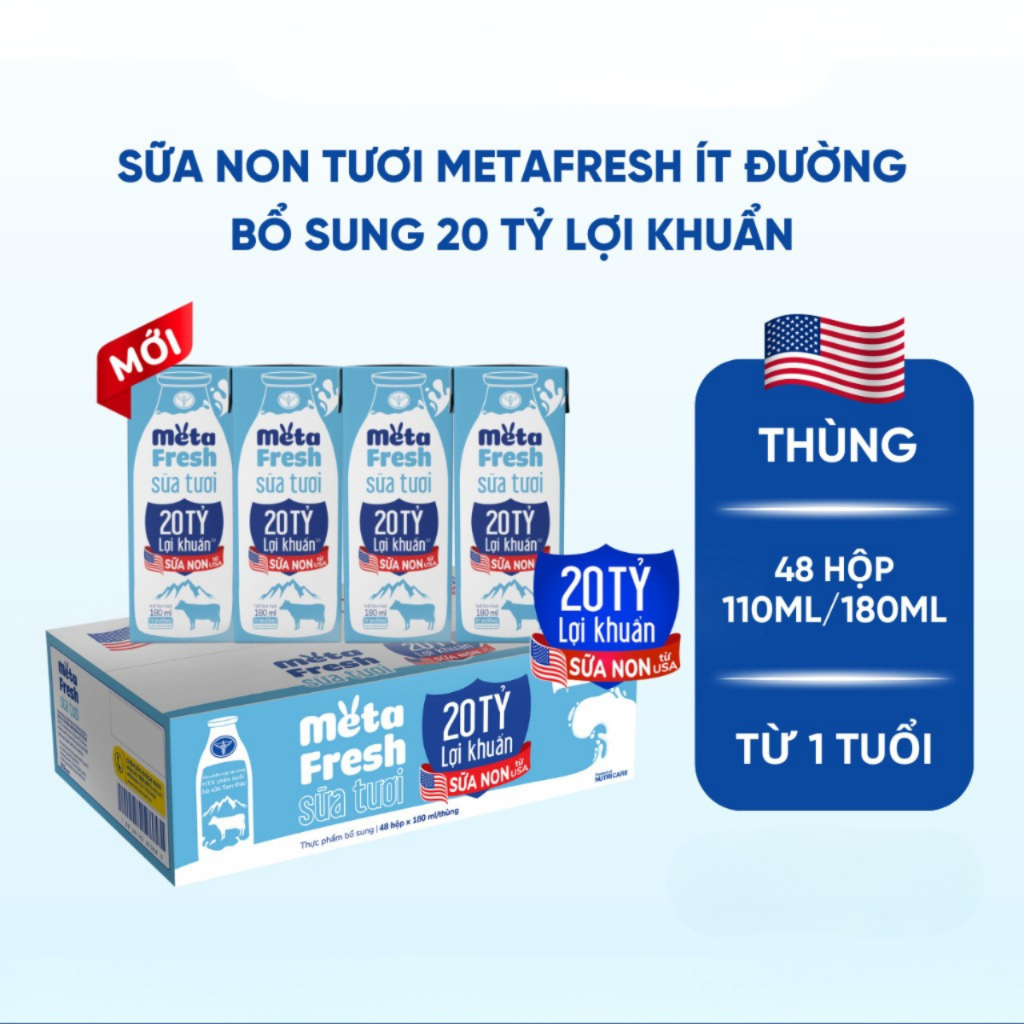 Sữa tươi Nutricare Meta Fresh Lợi Khuẩn 180ml Ít Đường sữa non tăng cường miễn dịch