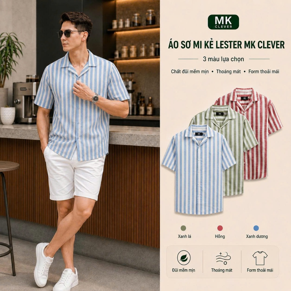 Áo sơ mi kẻ sọc nam Lester MK CLEVER chất đũi thô, thoáng mát, chống nhăn, form rộng hằng ngày