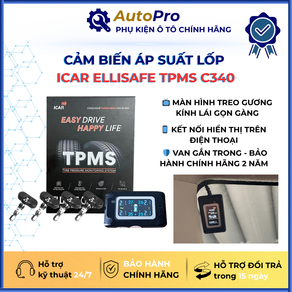 Cảm Biến Áp Suất Lốp Icar TPMS C340 Dán Treo Gương Kính Lái - Van Gắn Trong Có Màn Hình Treo