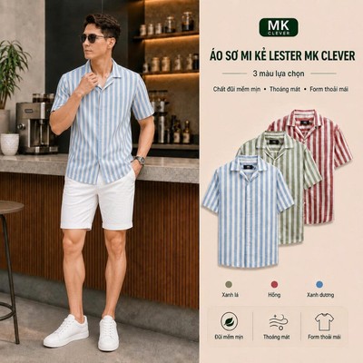 Áo Sơ Mi Cuban nam kẻ sọc Lester MK CLEVER Chất Đũi thô, thoáng mát, chống nhăn, form rộng hằng ngày