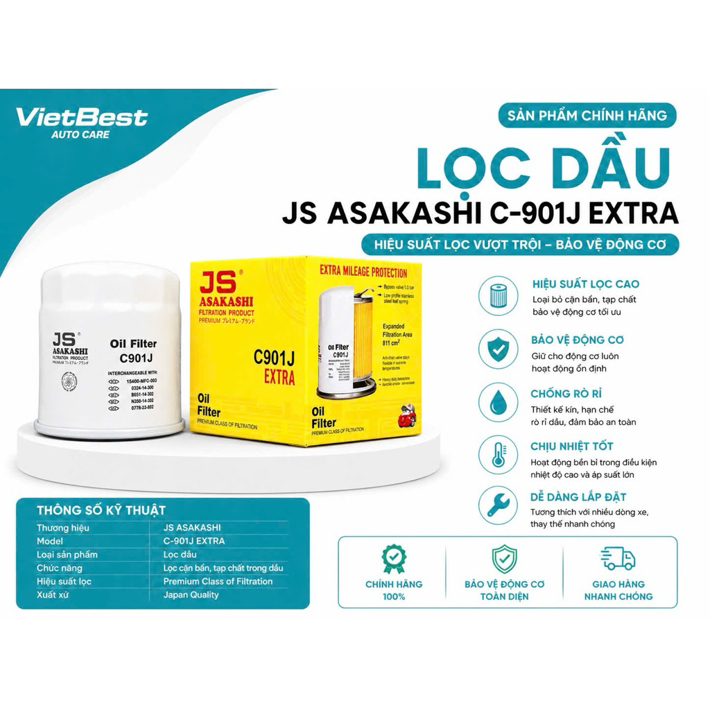 [PHÂN PHỐI CHÍNH HÃNG] Lọc Dầu Nhớt Động Cơ JS Asakashi C901J Extra (Dòng Premium Tăng Cường)