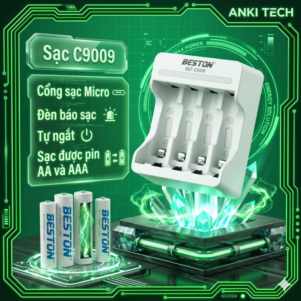 Bộ Sạc 4 pin C9009 Beston AA AAA 1.2V Tự ngắt khi đầy