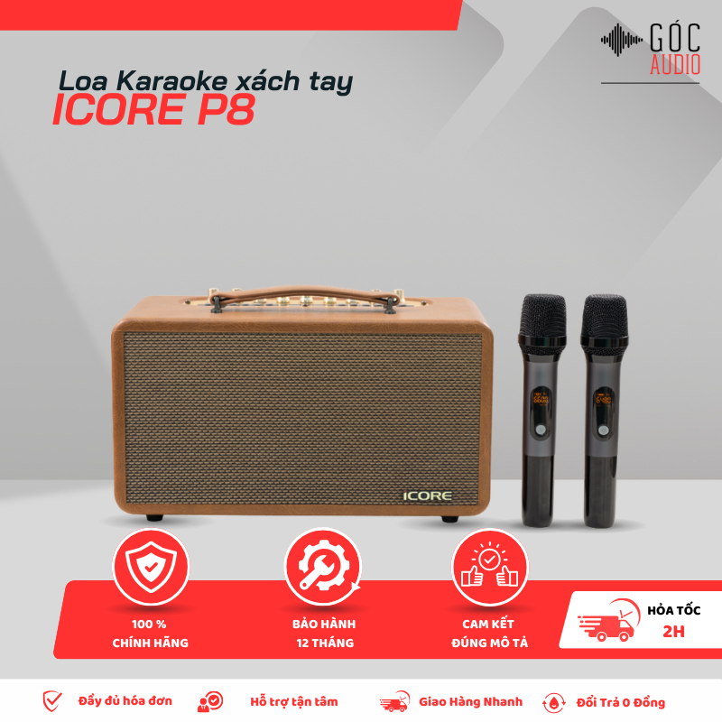 BỘ LOA KARAOKE XÁCH TAY ICORE P8 -  LOA KARAOKE DI ĐỘNG – KÈM 2 MICRO KHÔNG DÂY –  GÓC AUDIO