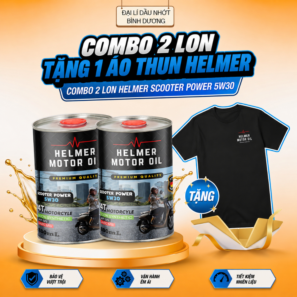 Combo 2 Lon Dầu Nhớt Xe Tay Ga Helmer Motor Oil Scooter Power 4T 5W30 - 800ML