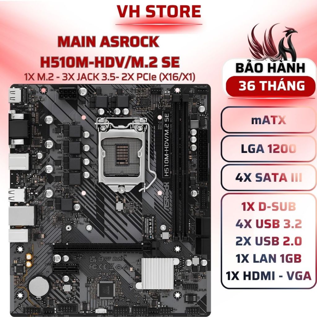 Mainboard ASRock H510M-HDV/M.2 SE DDR4 LGA1200 PCIe 4.0 - BẢO HÀNH 36 THÁNG - VHSTORE