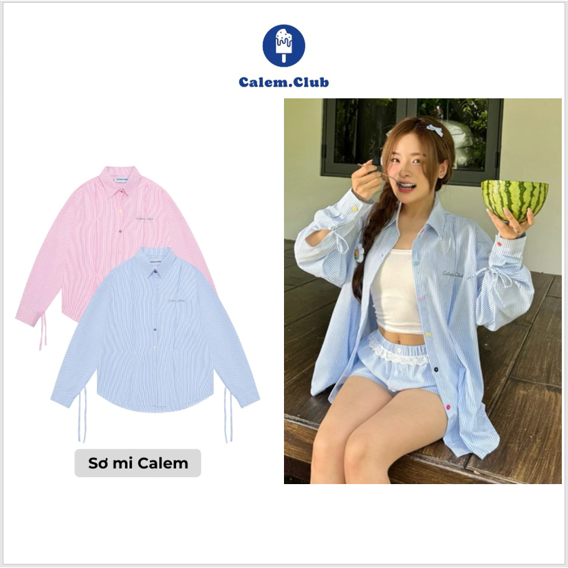 Calem club - Áo sơ mi Khoác Ngoài tay dài phối dây cột nơ COLORFUL BUTTON thêu Calem