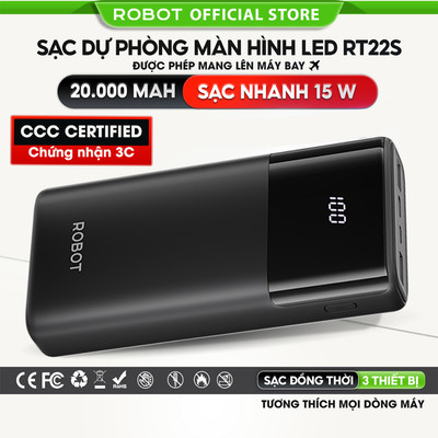Sạc dự phòng RT22S 20000mAh chứng nhận 3C sạc nhanh 15W ROBOT bảo hành chính hãng 12 tháng