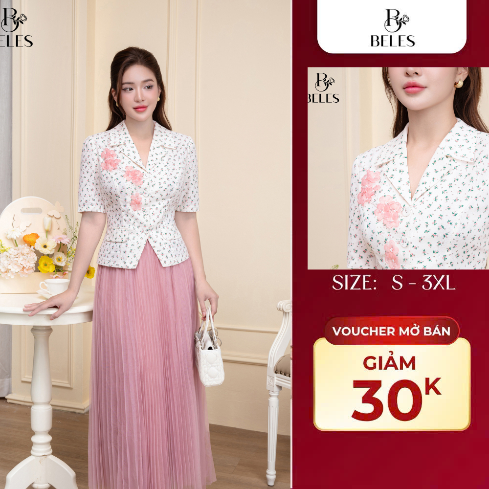 phẩm Áo Ký Giả Nữ Linen Hoa Nhí Beles Thanh Lịch Trẻ Trung Tôn Dáng Che Khuyết Điểm AKG11-25038