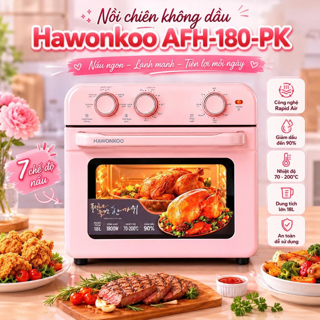 nồi chiên không dầu Hawonkoo AFH-180-PK màu hồng pastel