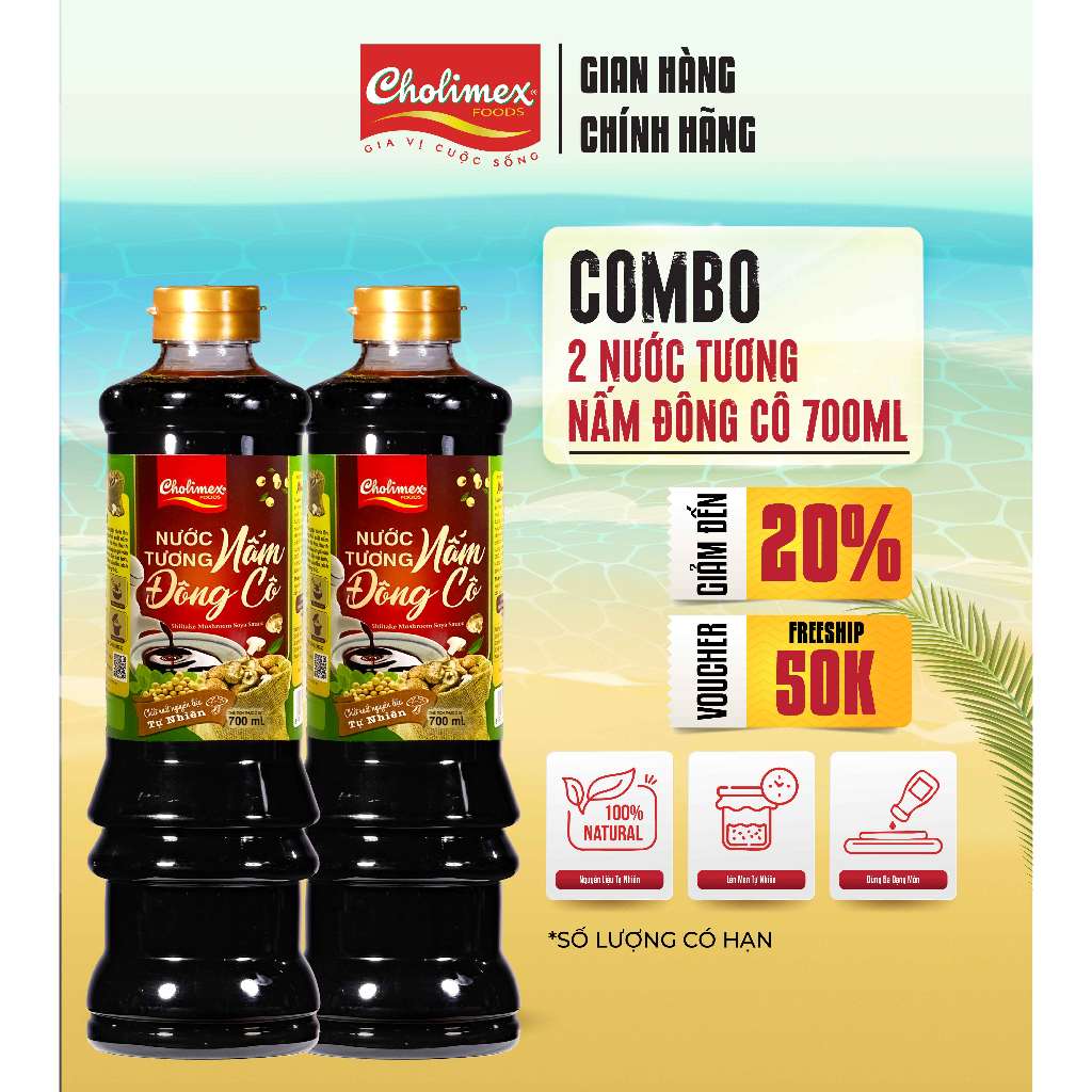 Combo 2 Chai Nước Tương Nấm Đông Cô CHOLIMEX 700ml – Đậm Đà Vị Shiitake, Chấm Sushi và Sashimi Cực N