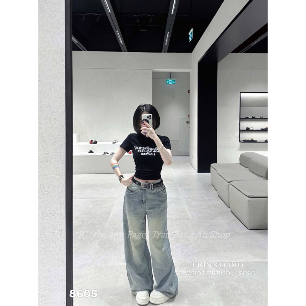 🦁LION STUDIO❤️ quần bò xuông TL chomer 8605 kèm thắt lưng  sml  QCCC , Trung Quốc