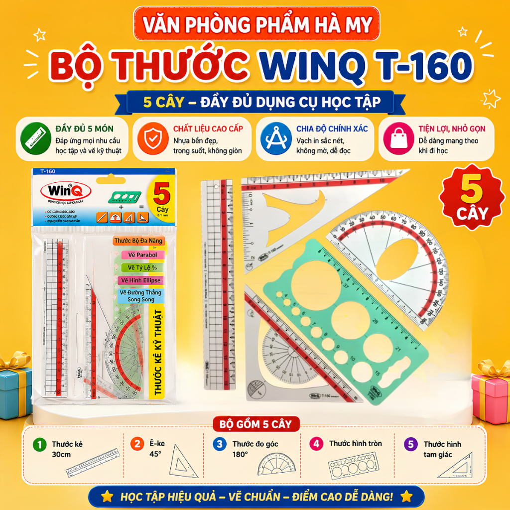 Thước Bộ Đa Năng 5 Cây WinQ T-160 Tiện Dụng Cho Học Sinh, Sinh Viên