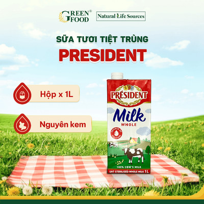 Sữa Tươi Tiệt Trùng PRESIDENT Nguyên Kem Không Đường Hộp 1L - Độ Béo 3.5%, Nhập khẩu Pháp