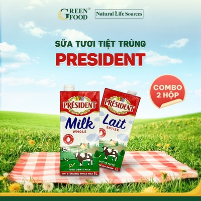 Combo 2 Hộp Sữa Tươi Tiệt Trùng PRESIDENT Nguyên Kem Không Đường 1L - Độ Béo 3.5%, Nhập khẩu Pháp