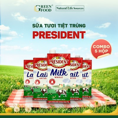 Combo 5 Hộp Sữa Tươi Tiệt Trùng PRESIDENT Nguyên Kem Không Đường Hộp 1L - Độ Béo 3,5% nhập khẩu Pháp