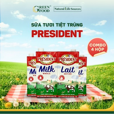 Combo 4 Hộp Sữa Tươi Tiệt Trùng PRESIDENT Nguyên Kem 1L Không đường Độ Béo 3.5%, nhập khẩu từ Pháp