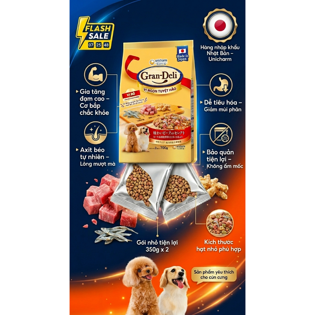 THỨC ĂN HẠT CHO CHÓ GRAN-DELI VỊ BÒ/ PHÔ MAI (700G)