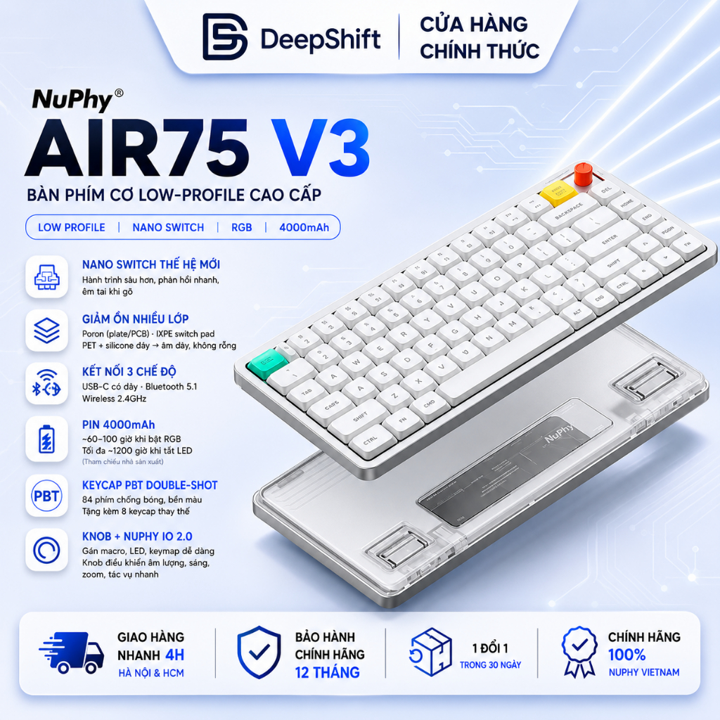 Bàn phím cơ NuPhy Air75 V3 | 84 phím | Nano Switch | Bluetooth / 2.4GHz / USB-C | Pin 4000mAh | RGB