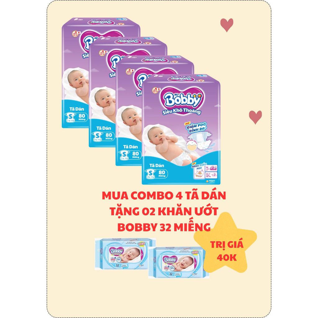 COMBO 4 Tã dán Bobby S80 Tặng 02 khăn ướt Bobby 32 miếng