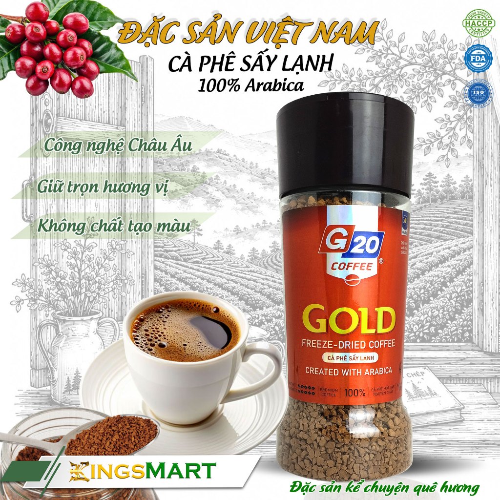 [Đúng Gu] Cà phê sấy lạnh GOLD Arabica 100% - G20 COFFEE THIÊN SA - Hũ 120g - Kingsmart