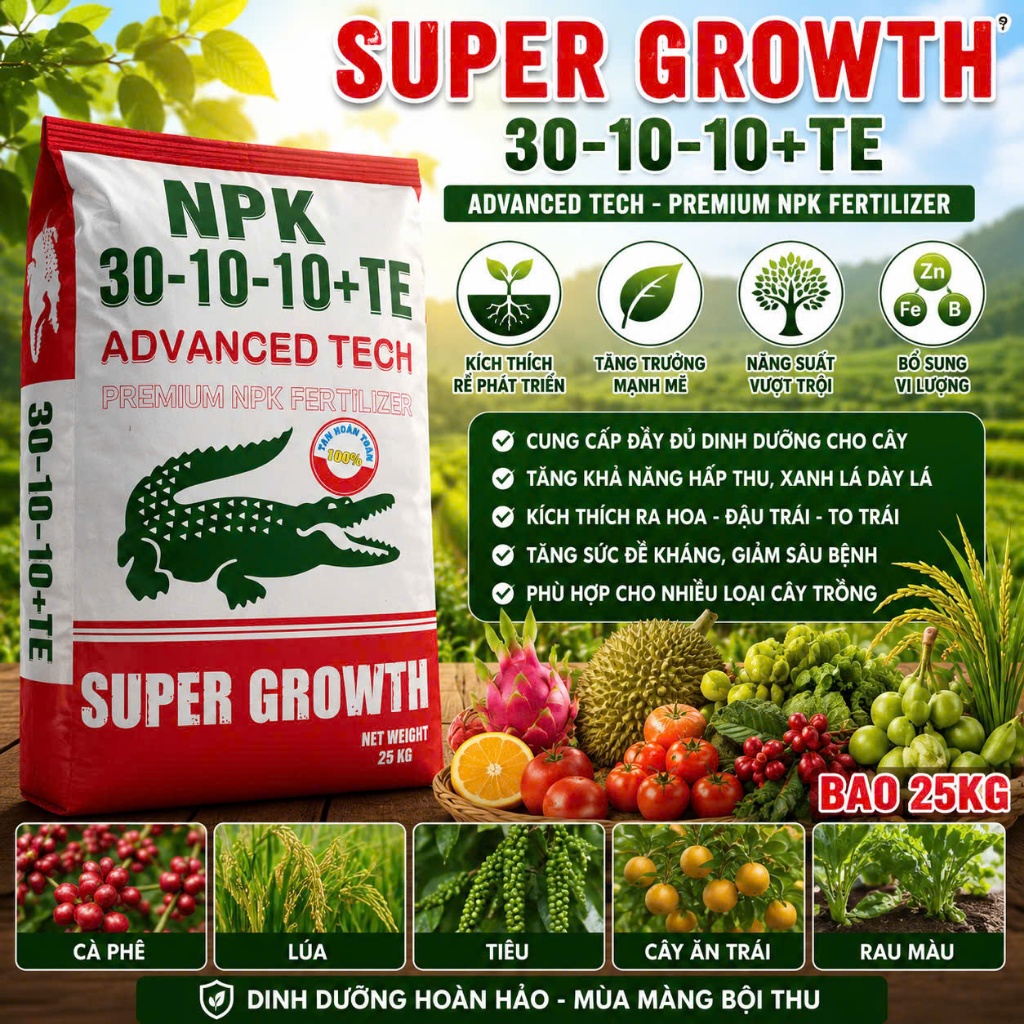 NPK 30-10-10+TE Bao 25Kg – Bung Chồi Nhanh, Mập Đọt Mạnh, Xanh Cây Lớn Lá, Kích Rễ Khỏe