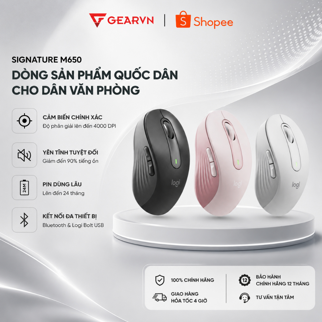 Chuột không dây Bluetooth Silent Logitech Signature M650  BH 12 tháng