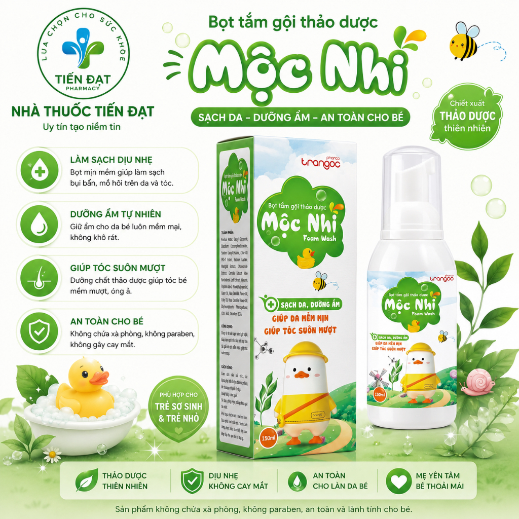 Bọt Tắm Gội Thảo Dược Mộc Nhi Foam Wash Binoss Trần Ngọc 150ml – Làm Sạch Dịu Nhẹ, Dưỡng Ẩm Da Bé, M