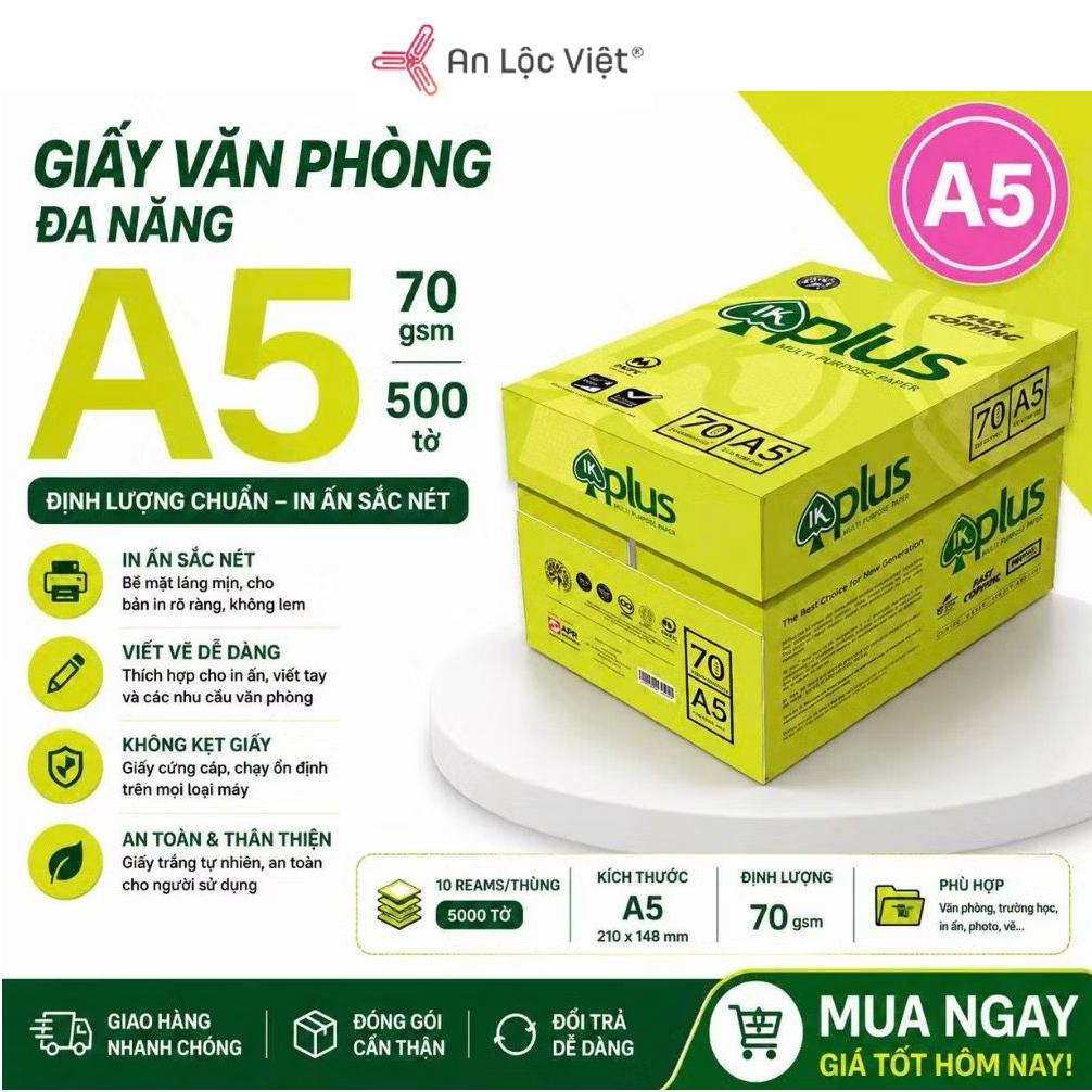 [GIẤY A5 ]Giấy A5 IK Plus 70 gsm 500 tờ, kích thước 148mm x 210mm, sản phẩm chính hãng